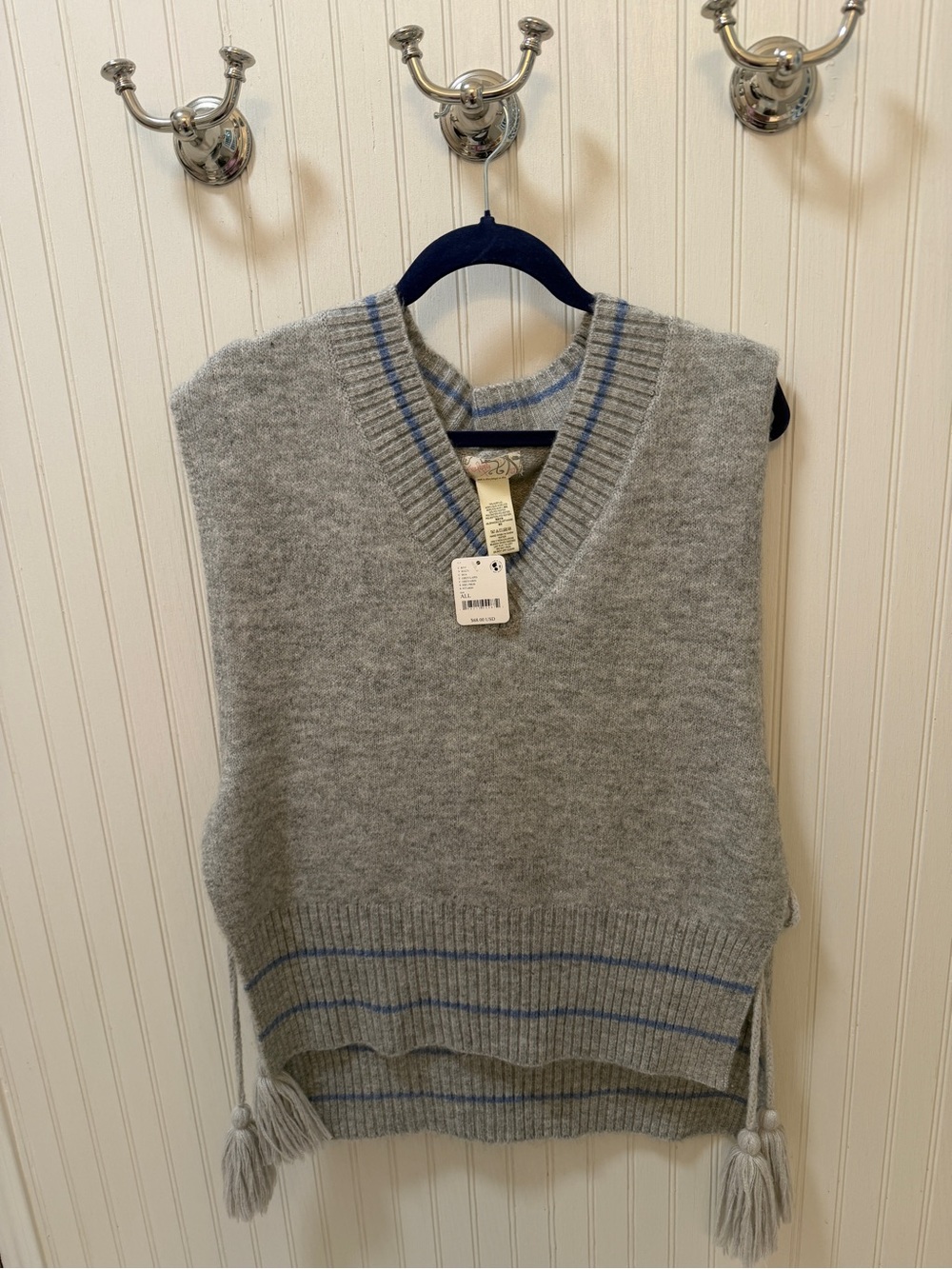 Free People V-Neck Knit Sweater Vest with Blue Trim